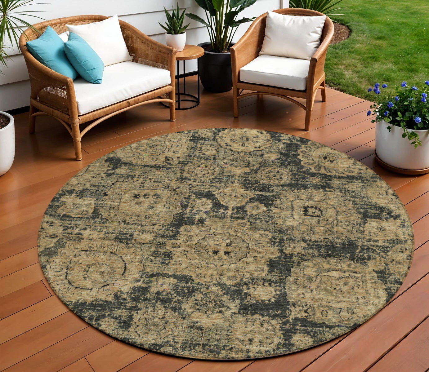 8 Charcoal Gold And Tan Round Floral Washable Indoor Outdoor Area Rug