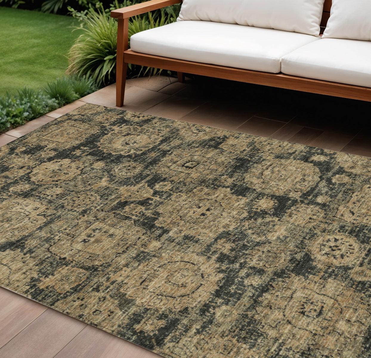 9 X 12 Charcoal Gold And Tan Floral Washable Indoor Outdoor Area Rug