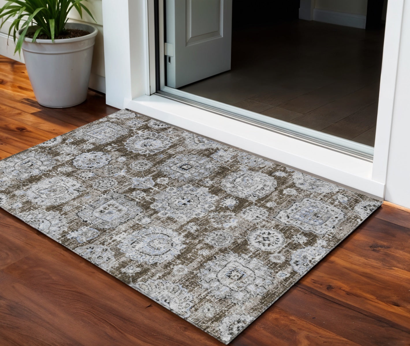3 X 5 Chocolate And Blue Floral Washable Indoor Outdoor Area Rug