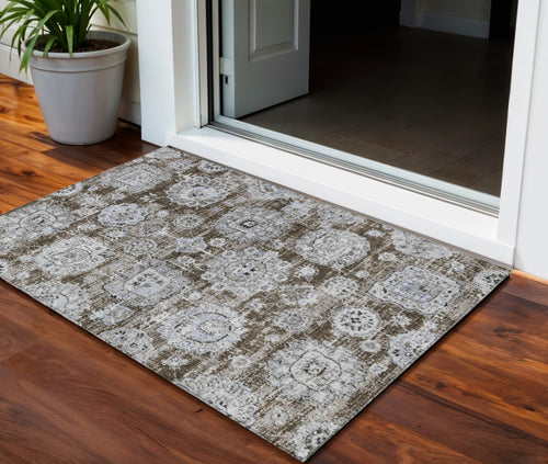 3 X 5 Chocolate And Blue Floral Washable Indoor Outdoor Area Rug