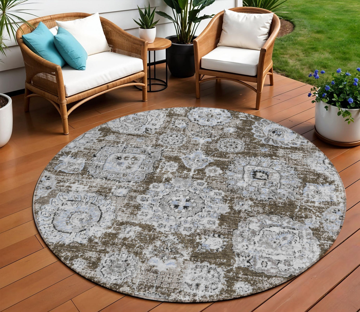 8 Chocolate And Blue Round Floral Washable Indoor Outdoor Area Rug