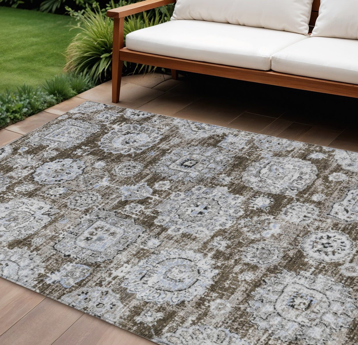 8 X 10 Chocolate And Blue Floral Washable Indoor Outdoor Area Rug