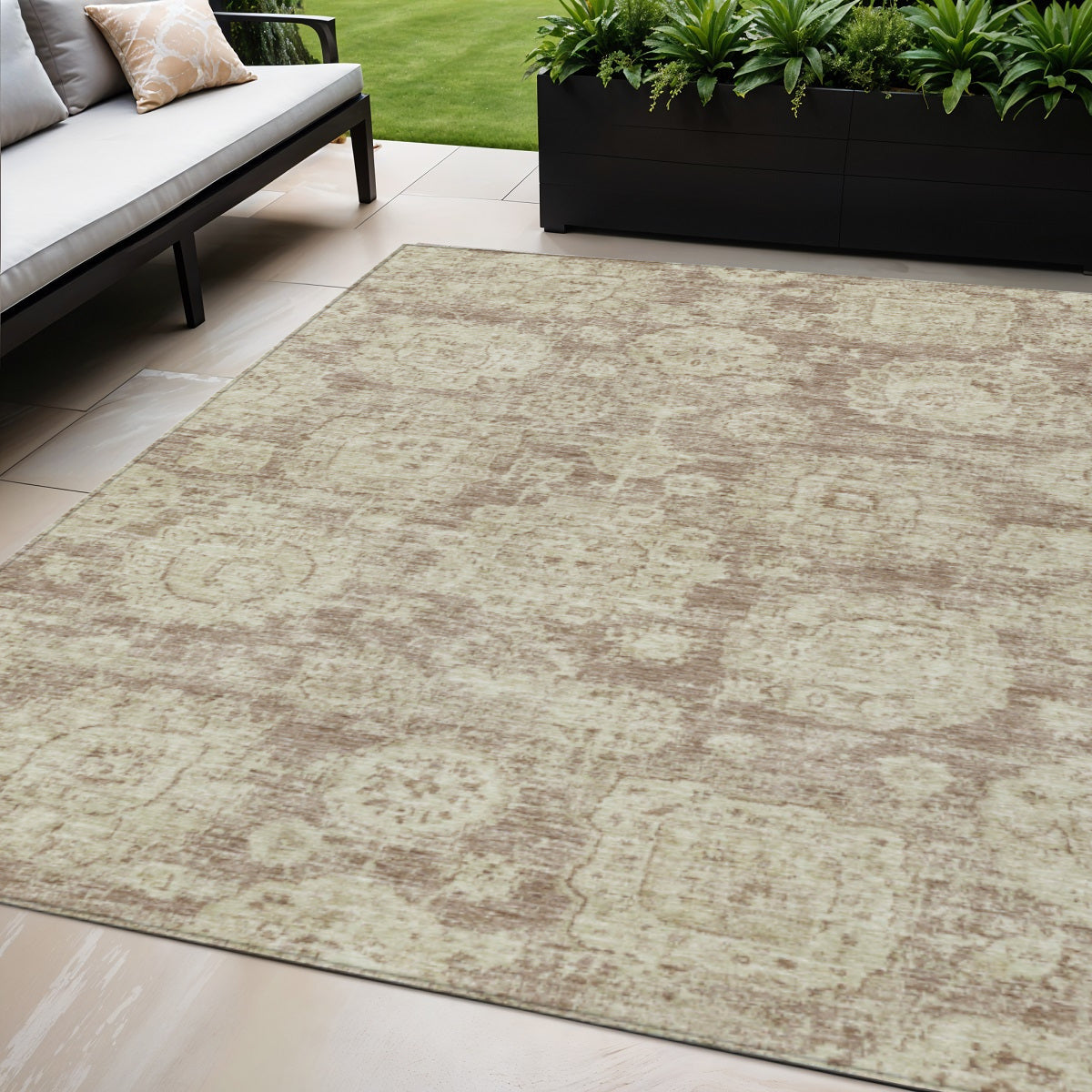 5 X 8 Brown Tan And Beige Floral Washable Indoor Outdoor Area Rug