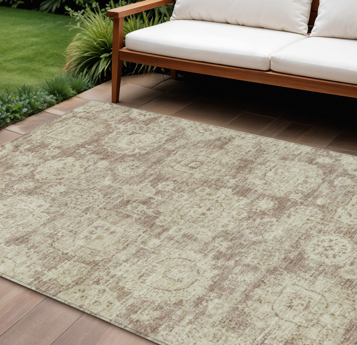 8 X 10 Brown Tan And Beige Floral Washable Indoor Outdoor Area Rug