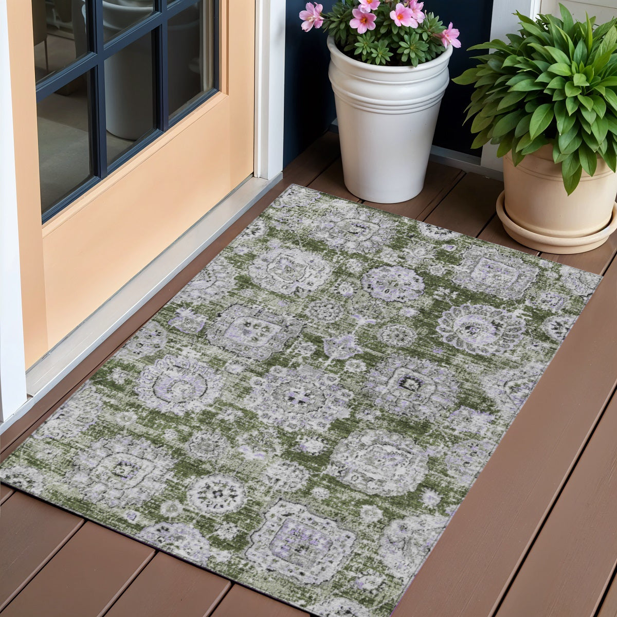 3 X 5 Olive Green And Gray Floral Washable Indoor Outdoor Area Rug