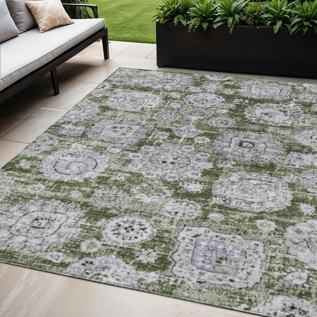 5 X 8 Olive Green And Gray Floral Washable Indoor Outdoor Area Rug