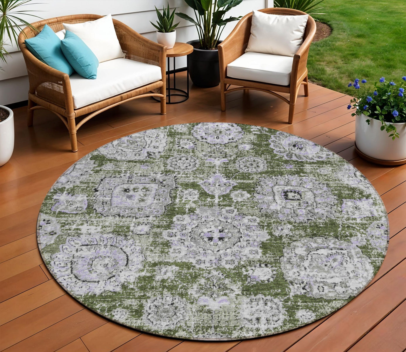 8 Olive Green And Gray Round Floral Washable Indoor Outdoor Area Rug