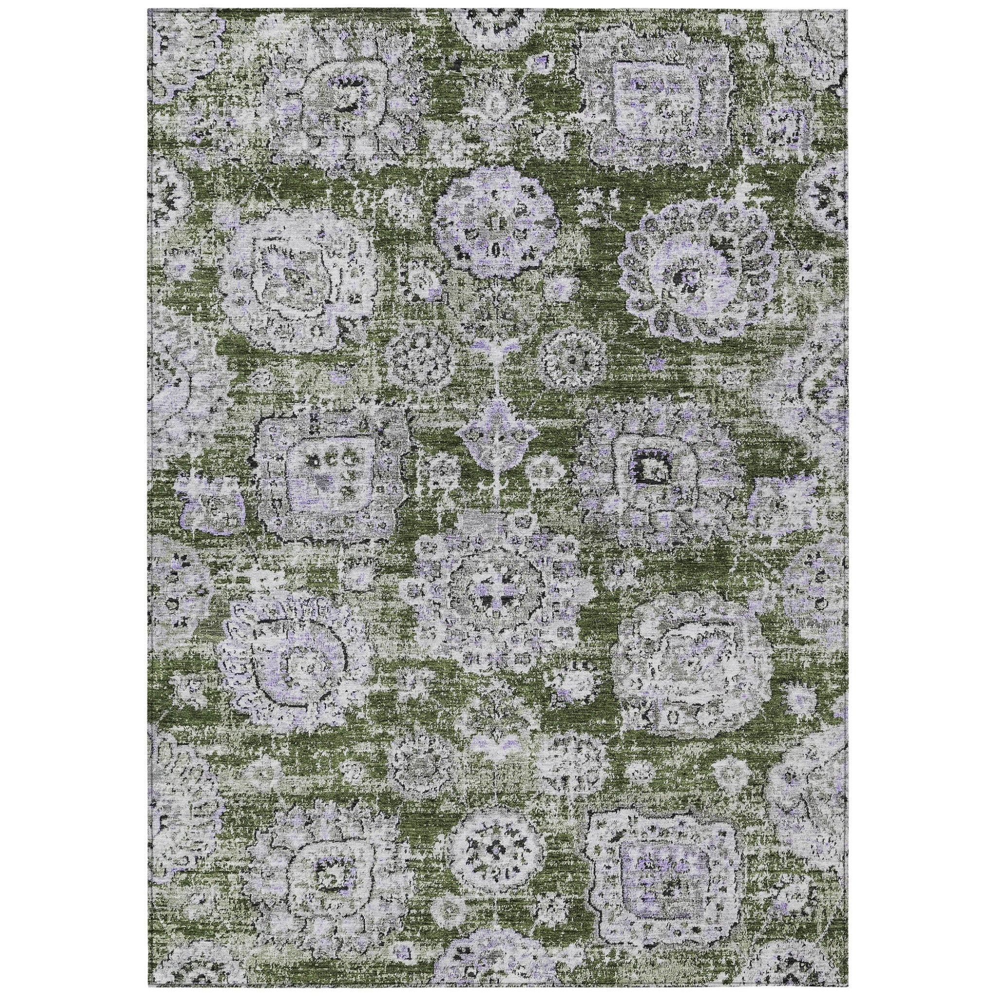 9 X 12 Olive Green And Gray Floral Washable Indoor Outdoor Area Rug