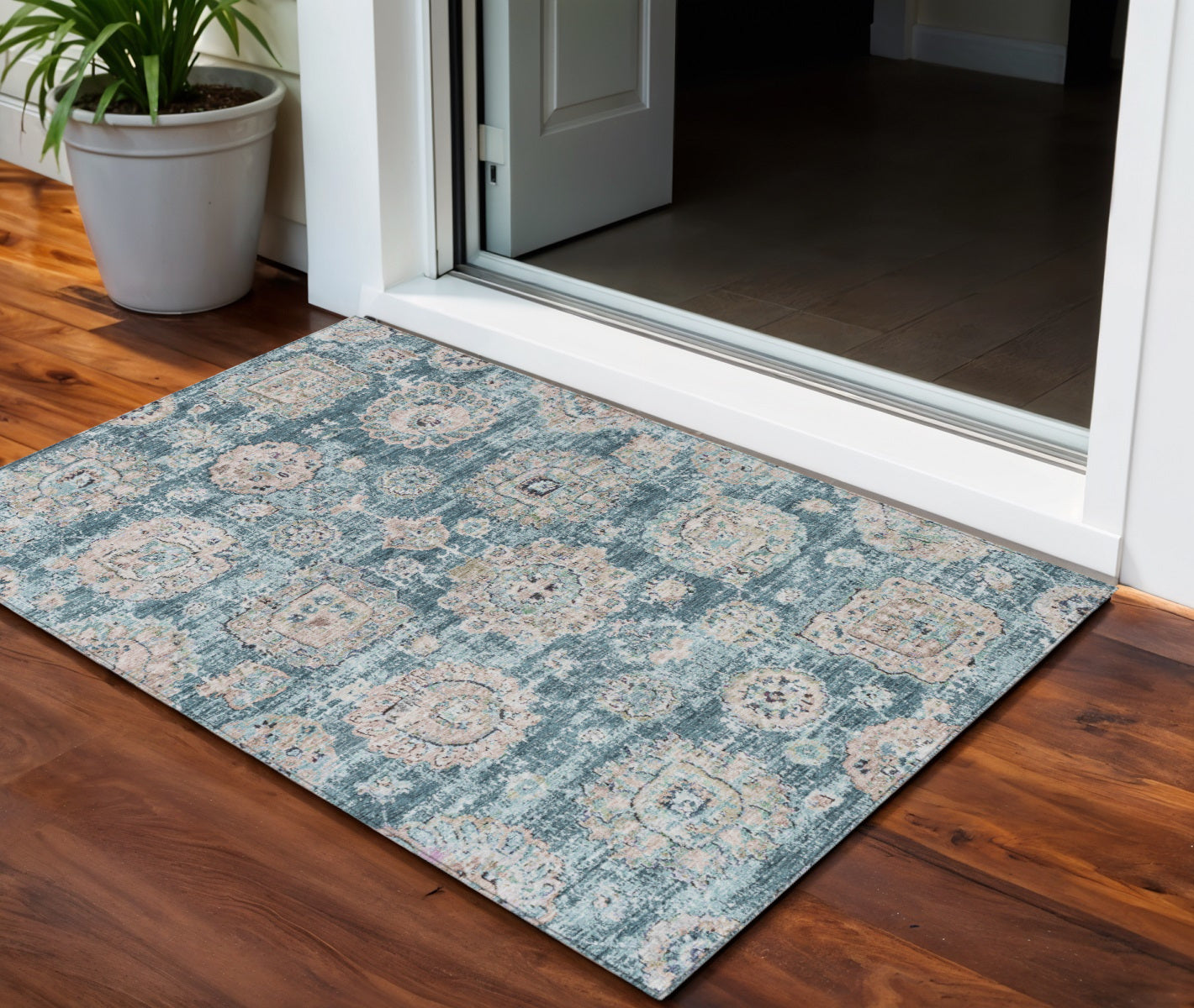 3 X 5 Teal Blue And Sky Blue Floral Washable Indoor Outdoor Area Rug