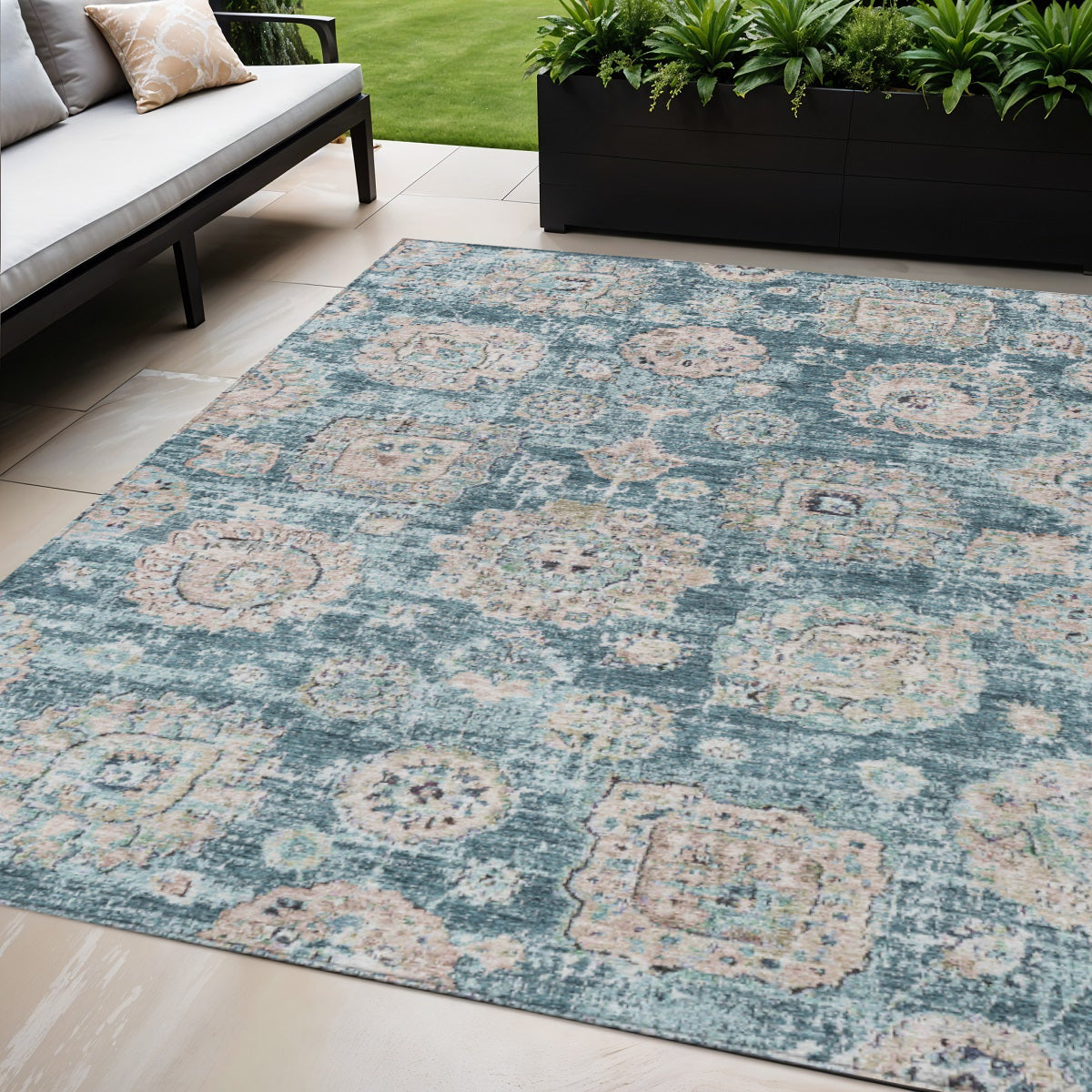 5 X 8 Teal Blue And Sky Blue Floral Washable Indoor Outdoor Area Rug