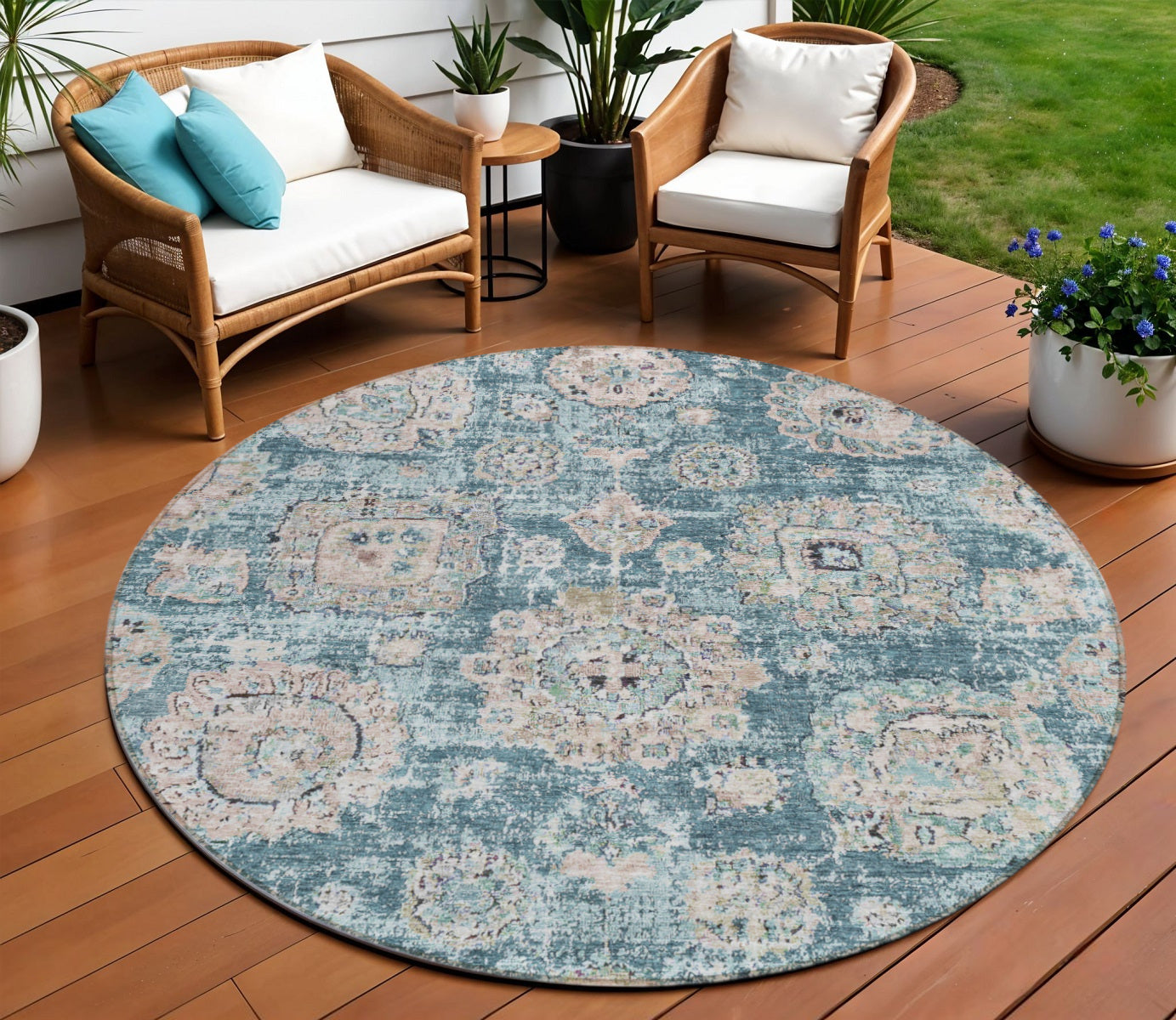 8 Teal Blue And Sky Blue Round Floral Washable Indoor Outdoor Area Rug