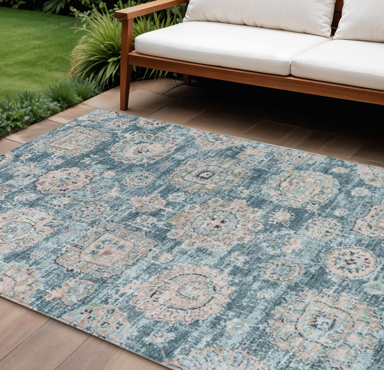 9 X 12 Teal Blue And Sky Blue Floral Washable Indoor Outdoor Area Rug