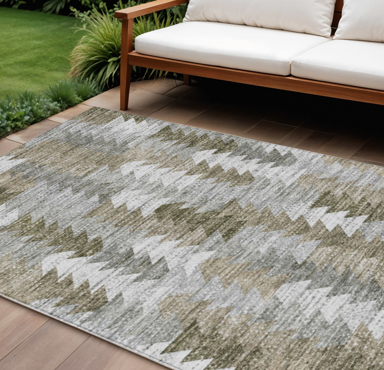 8 X 10 Brown Beige And Gray Geometric Washable Indoor Outdoor Area Rug