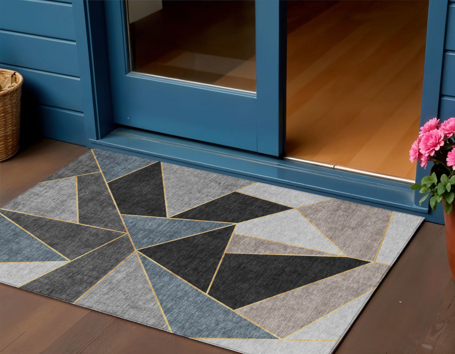 3 X 5 Blue Charcoal And Gray Geometric Washable Indoor Outdoor Area Rug