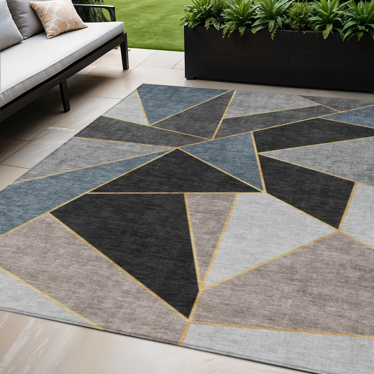 5 X 8 Blue Charcoal And Gray Geometric Washable Indoor Outdoor Area Rug