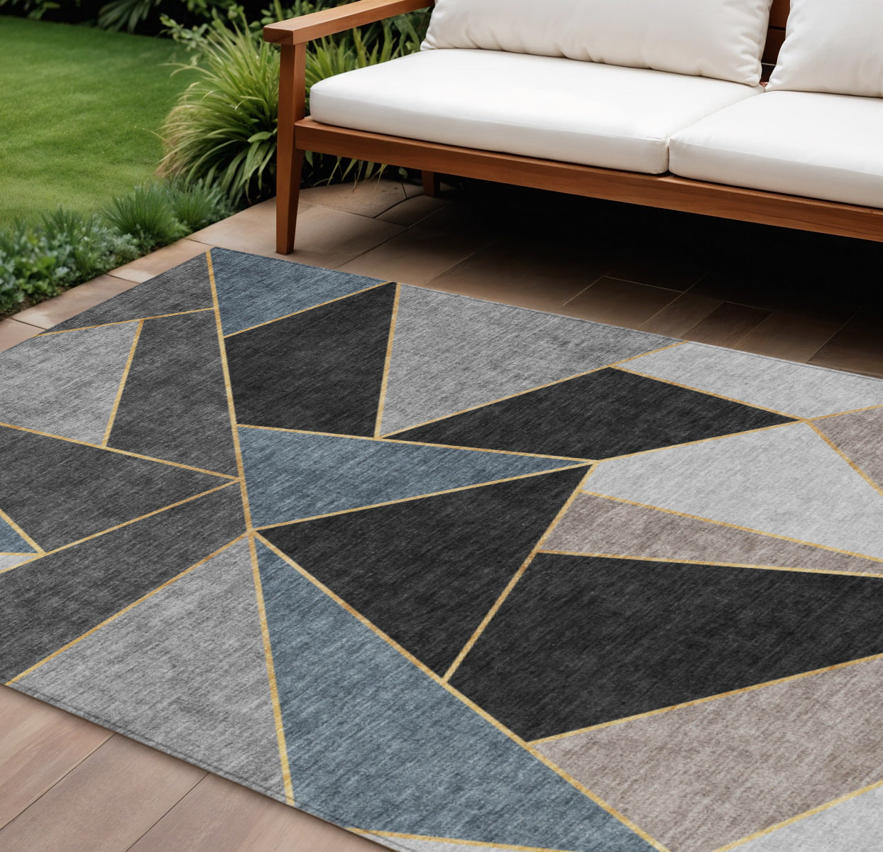 10 X 14 Blue Charcoal And Gray Geometric Washable Indoor Outdoor Area Rug