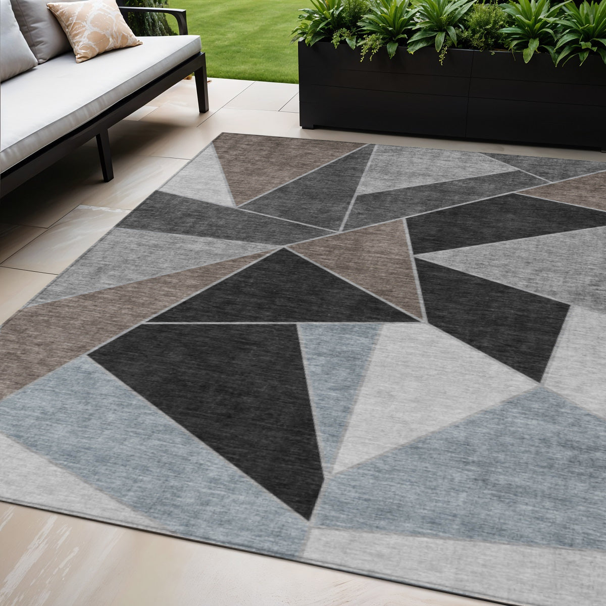 5 X 8 Chocolate Gray And Charcoal Geometric Washable Indoor Outdoor Area Rug