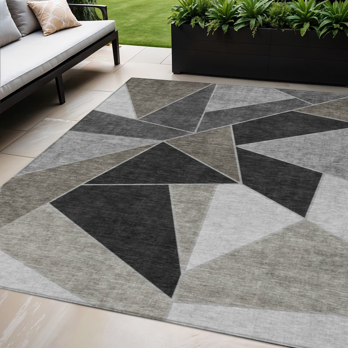 5 X 8 Coffee Charcoal And Gray Geometric Washable Indoor Outdoor Area Rug