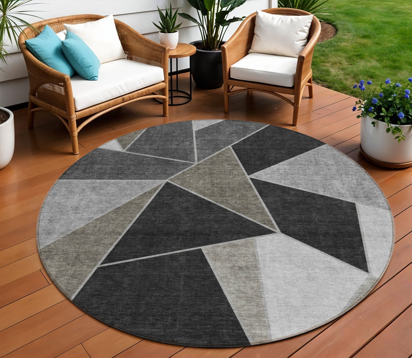 8 Coffee Charcoal And Gray Round Geometric Washable Indoor Outdoor Area Rug
