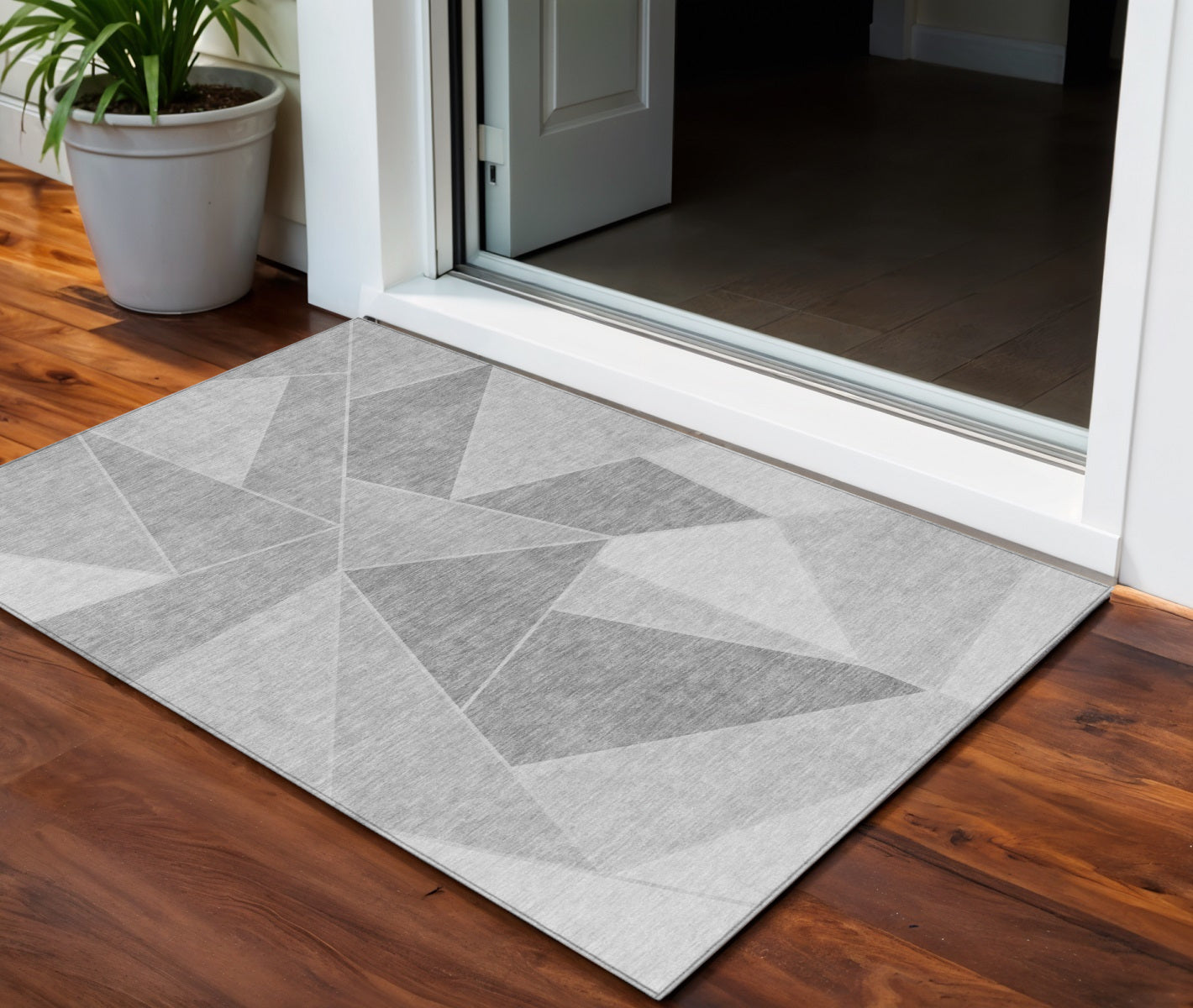 3 X 5 Gray Silver And Graphite Geometric Washable Indoor Outdoor Area Rug