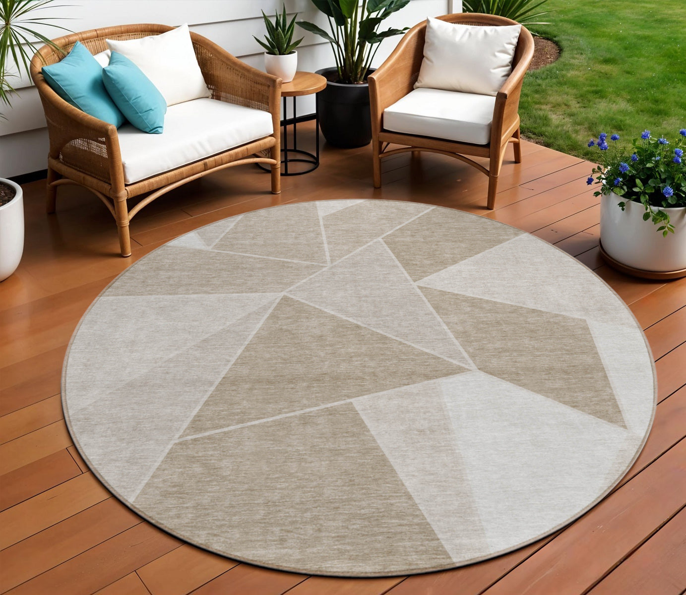 8 Taupe Brown And Beige Round Geometric Washable Indoor Outdoor Area Rug
