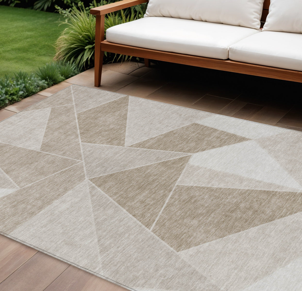 8 X 10 Taupe Brown And Beige Geometric Washable Indoor Outdoor Area Rug