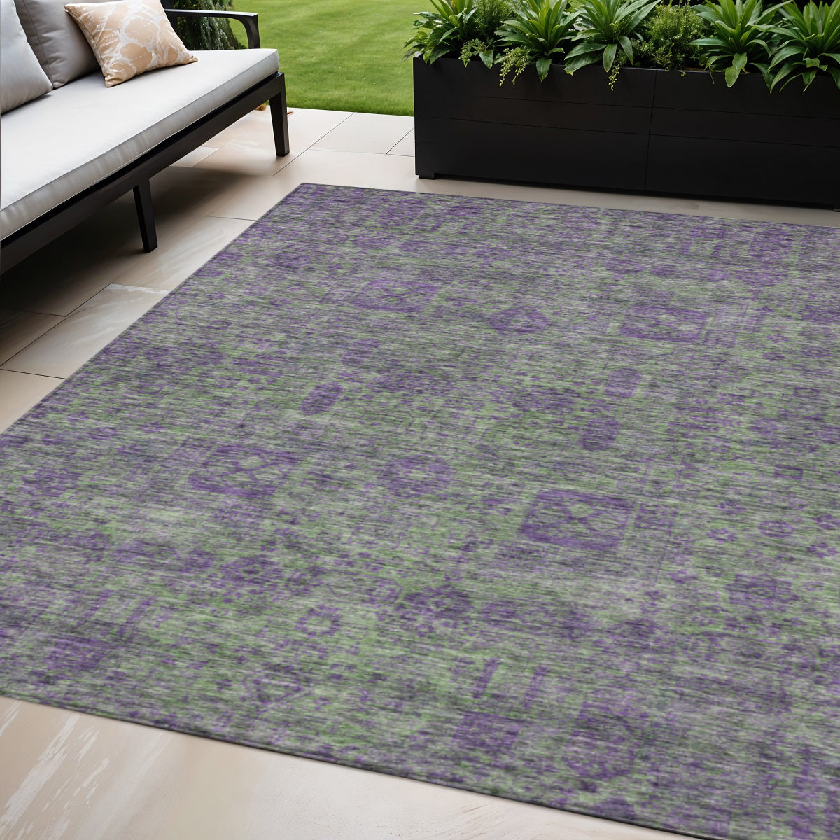 5 X 8 Fern Green And Purple Oriental Washable Indoor Outdoor Area Rug