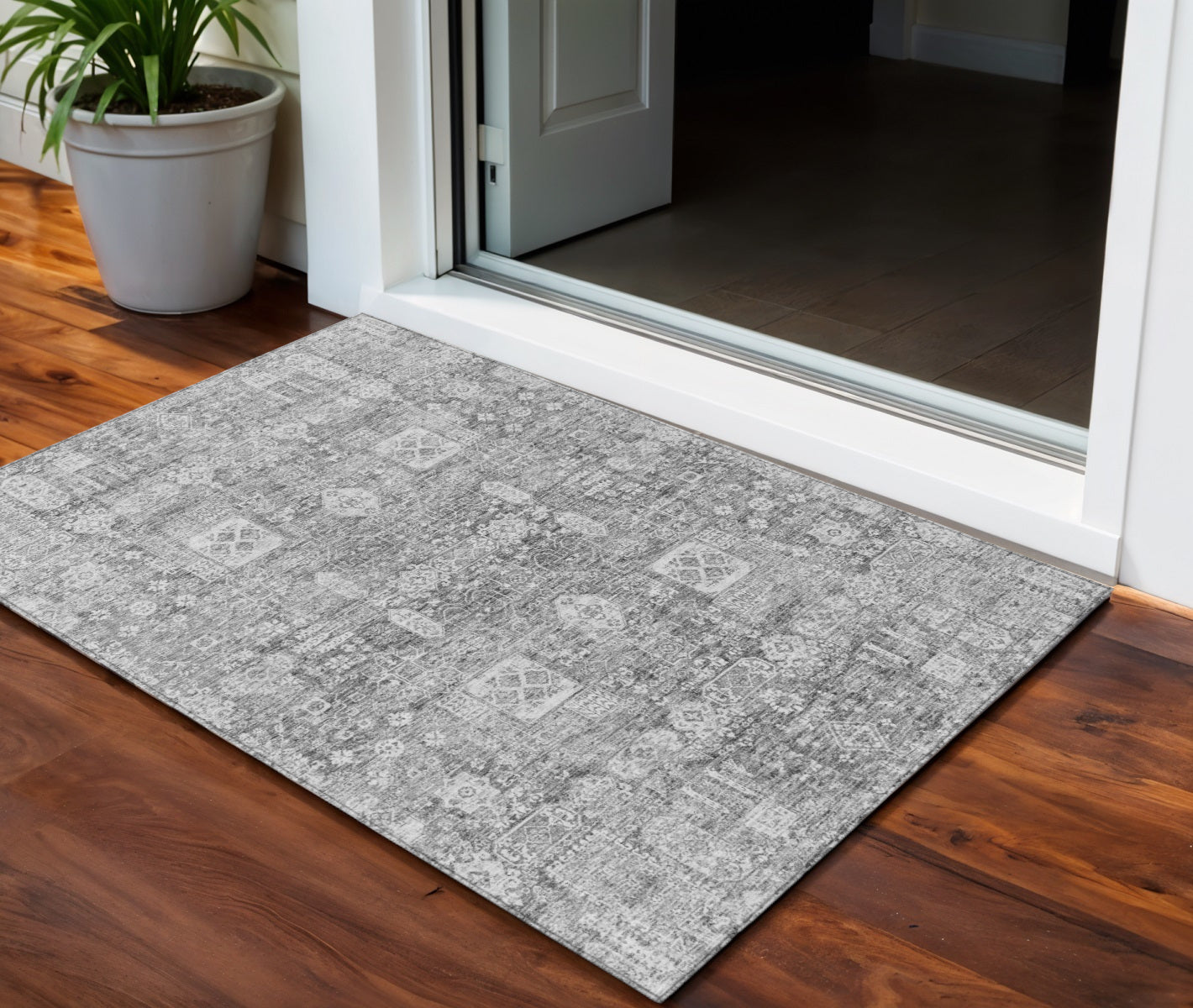 3 X 5 Gray Silver And Charcoal Oriental Washable Indoor Outdoor Area Rug