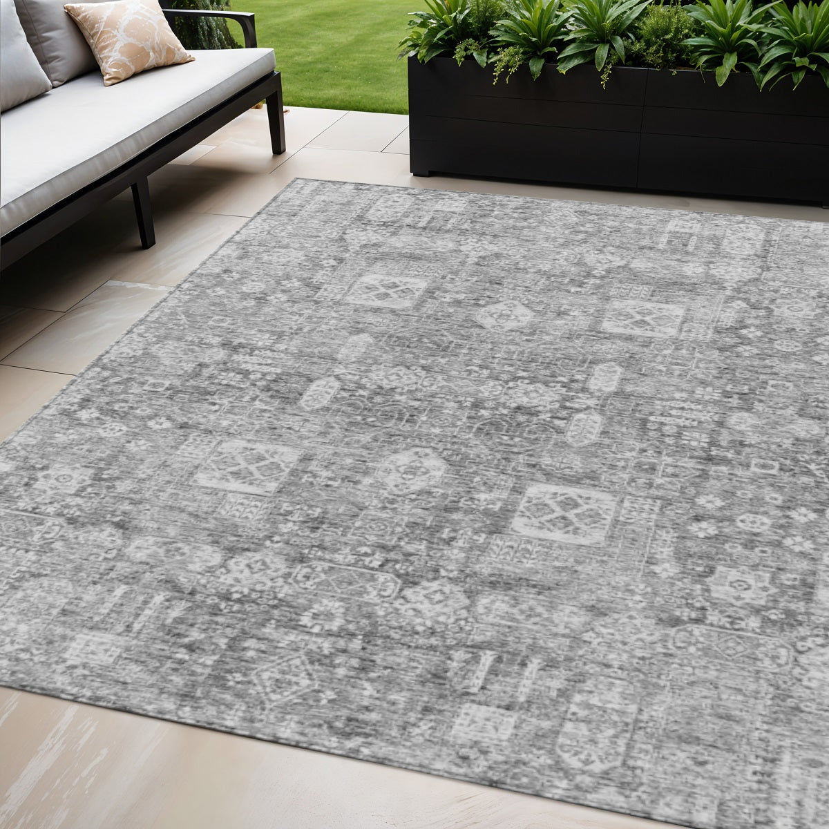 5 X 8 Gray Silver And Charcoal Oriental Washable Indoor Outdoor Area Rug