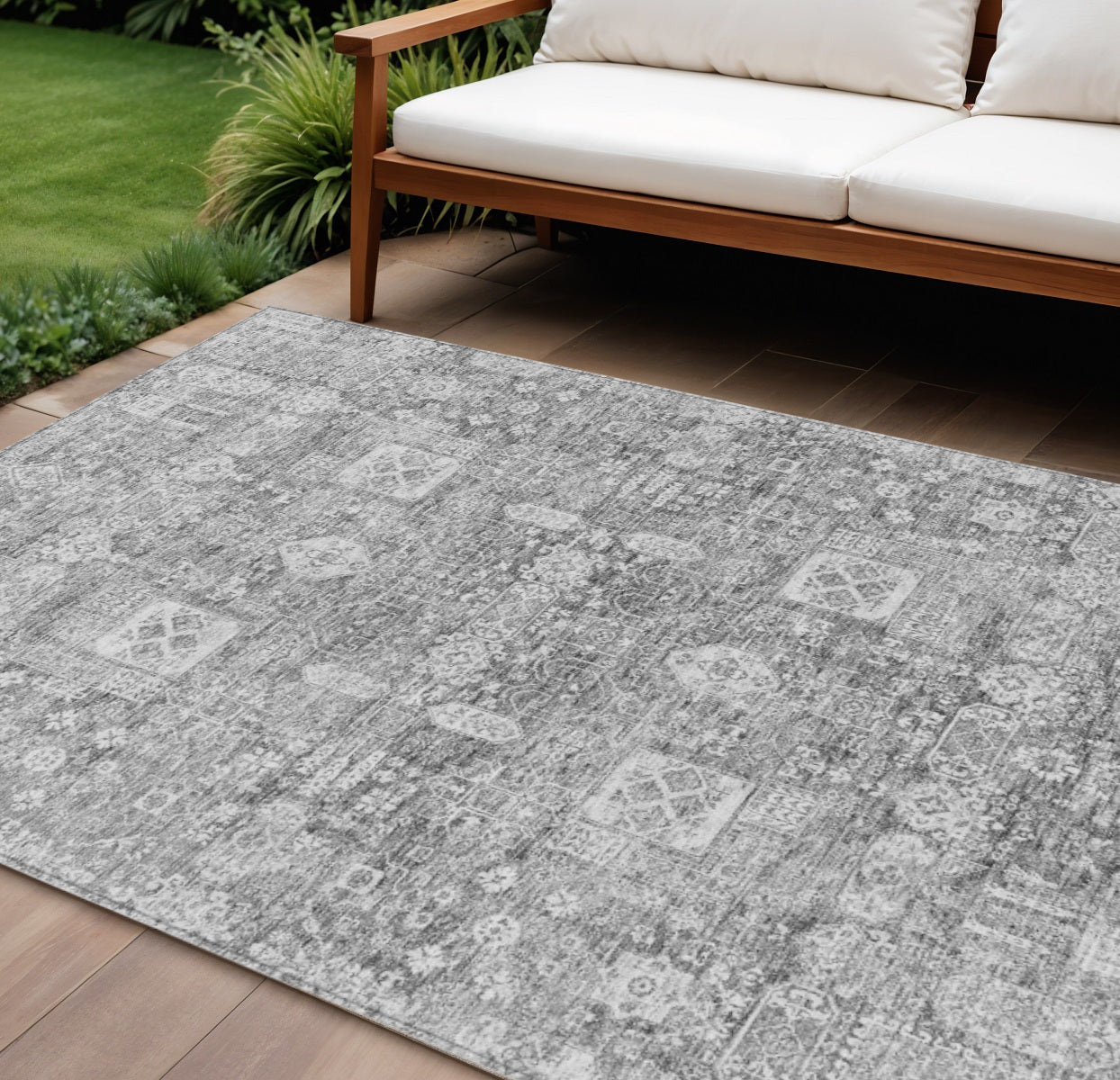 10 X 14 Gray Silver And Charcoal Oriental Washable Indoor Outdoor Area Rug
