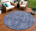 8 Navy Blue And Sky Blue Round Oriental Washable Indoor Outdoor Area Rug