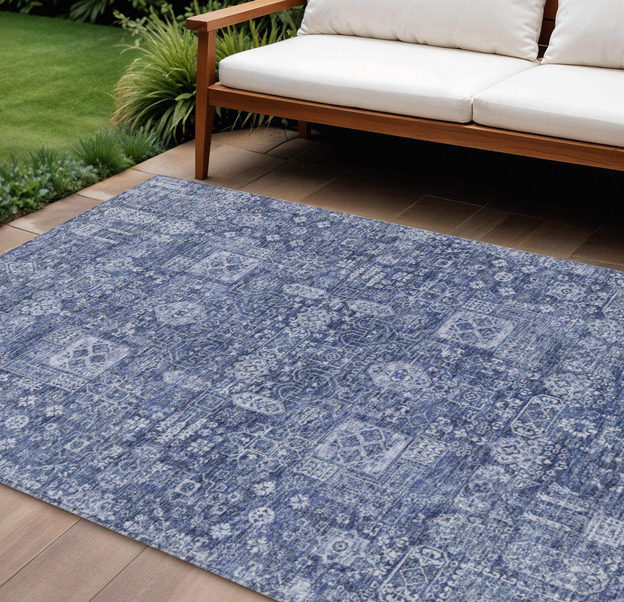 8 X 10 Navy Blue And Sky Blue Oriental Washable Indoor Outdoor Area Rug