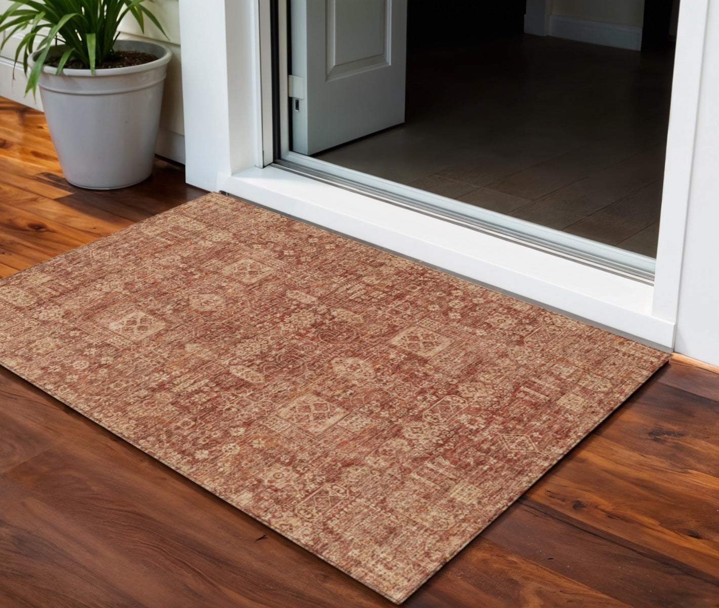 3 X 5 Orange Copper And Terra Cotta Oriental Washable Indoor Outdoor Area Rug
