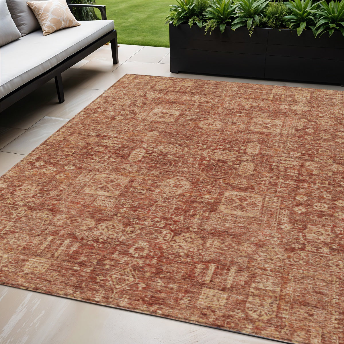 5 X 8 Orange Copper And Terra Cotta Oriental Washable Indoor Outdoor Area Rug