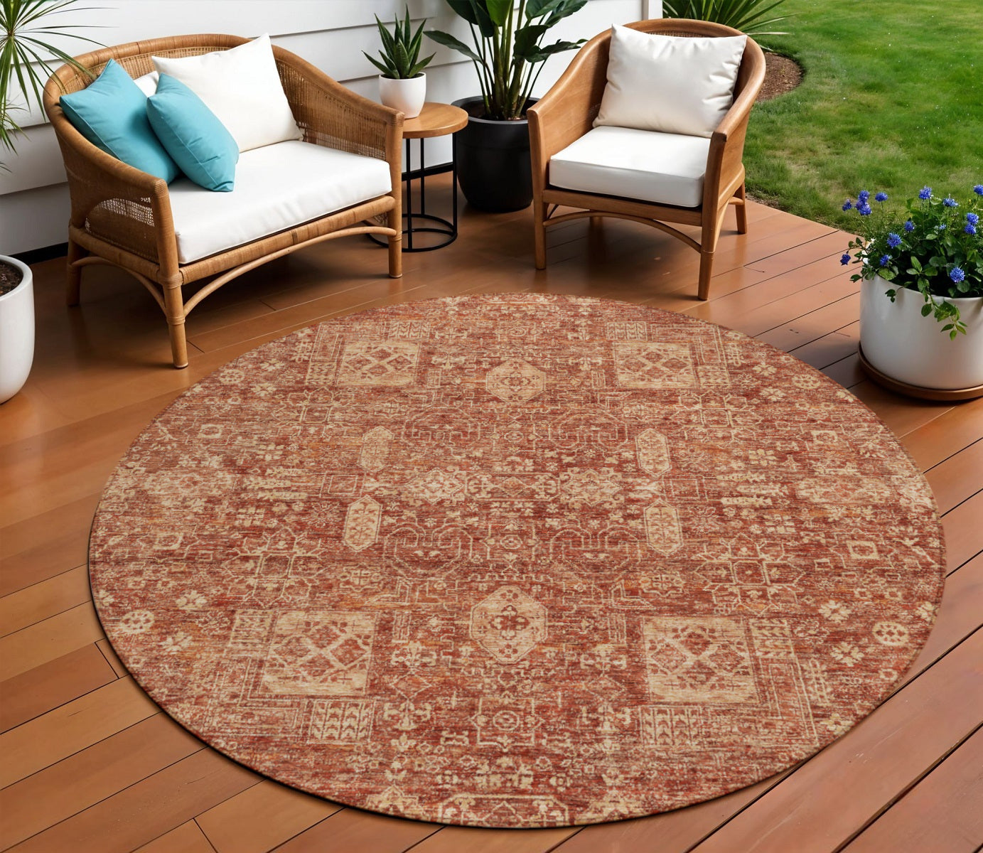8 Orange Copper And Terra Cotta Round Oriental Washable Indoor Outdoor Area Rug