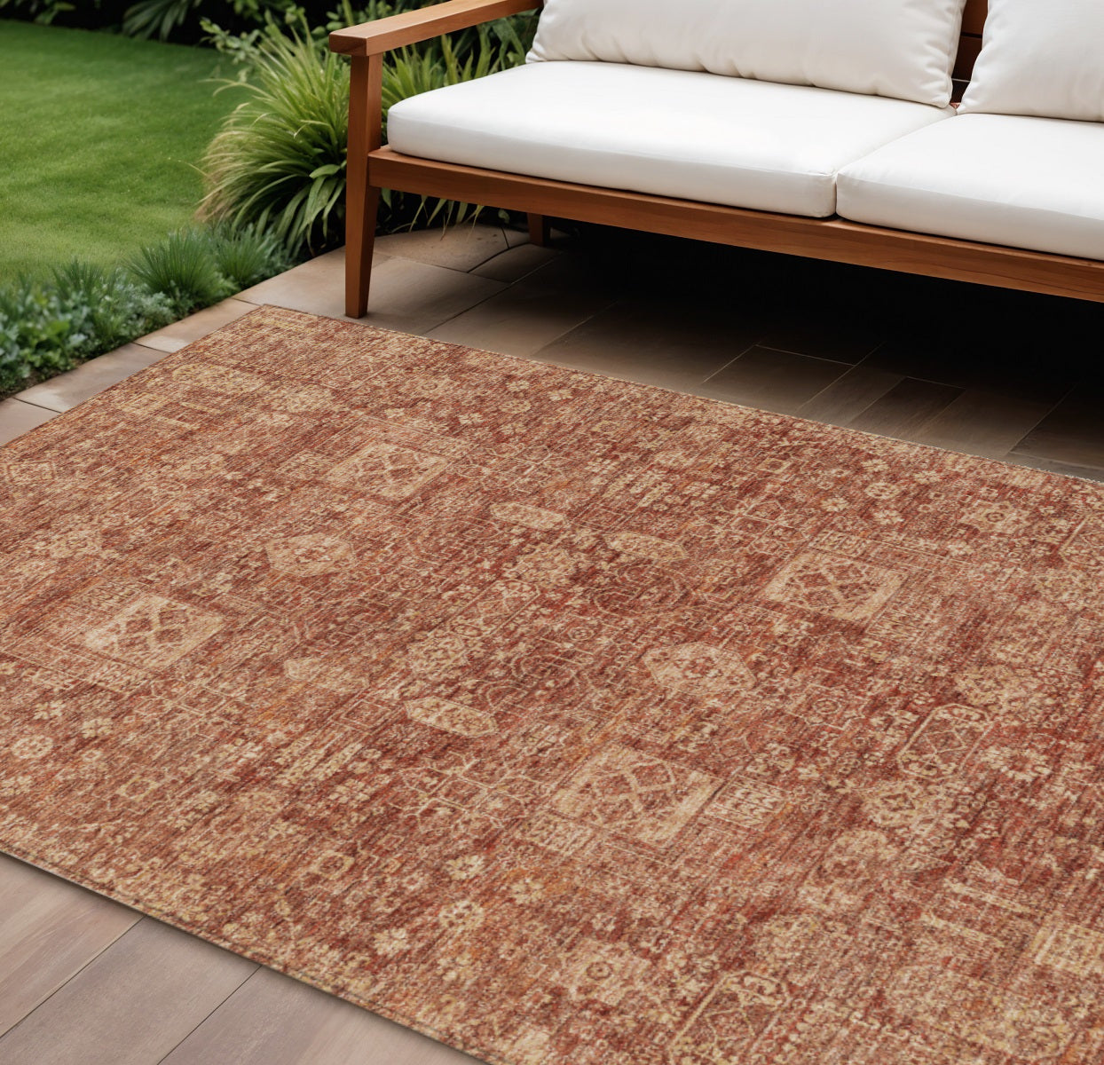 9 X 12 Orange Copper And Terra Cotta Oriental Washable Indoor Outdoor Area Rug