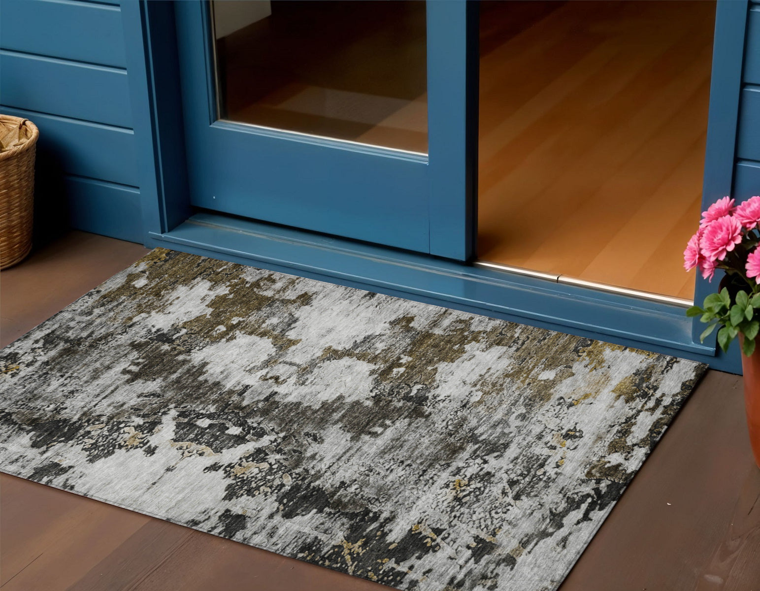 3 X 5 Taupe Brown And Gold Abstract Washable Indoor Outdoor Area Rug