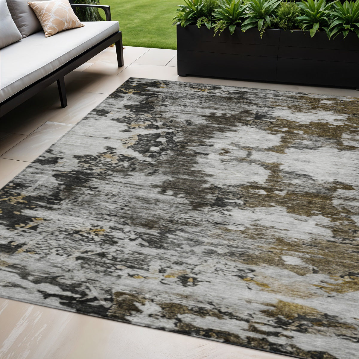 5 X 8 Taupe Brown And Gold Abstract Washable Indoor Outdoor Area Rug