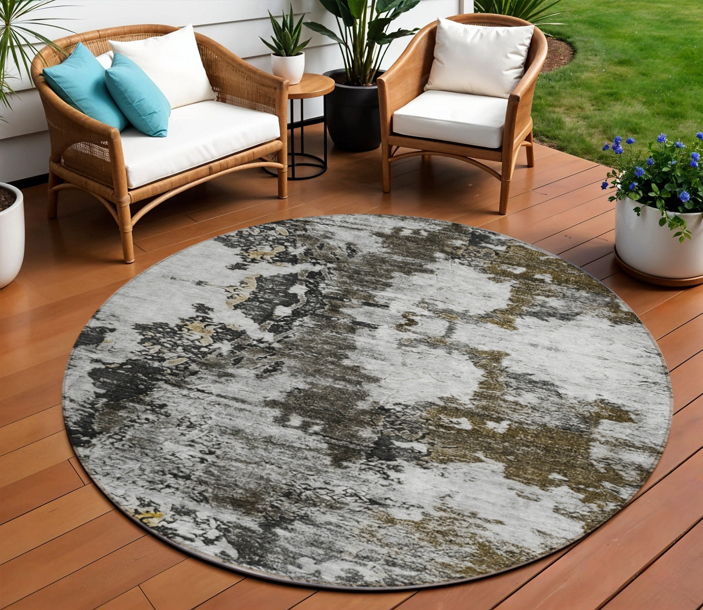 8 Taupe Brown And Gold Round Abstract Washable Indoor Outdoor Area Rug