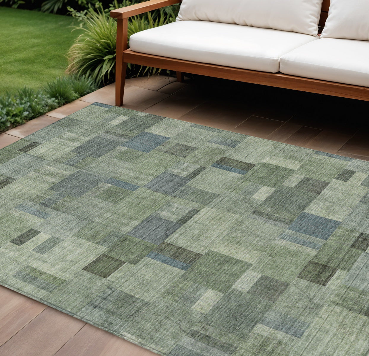 10 X 14 Green And Mint Green Geometric Washable Indoor Outdoor Area Rug