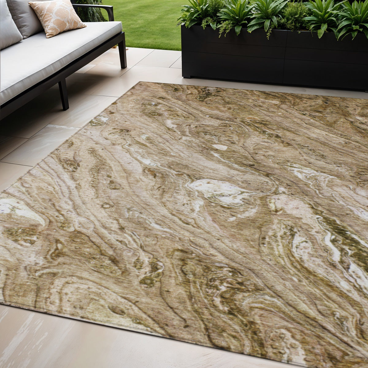 5 X 8 Brown Tan And Beige Abstract Washable Indoor Outdoor Area Rug