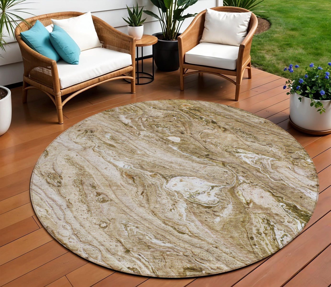 8 Brown Tan And Beige Round Abstract Washable Indoor Outdoor Area Rug