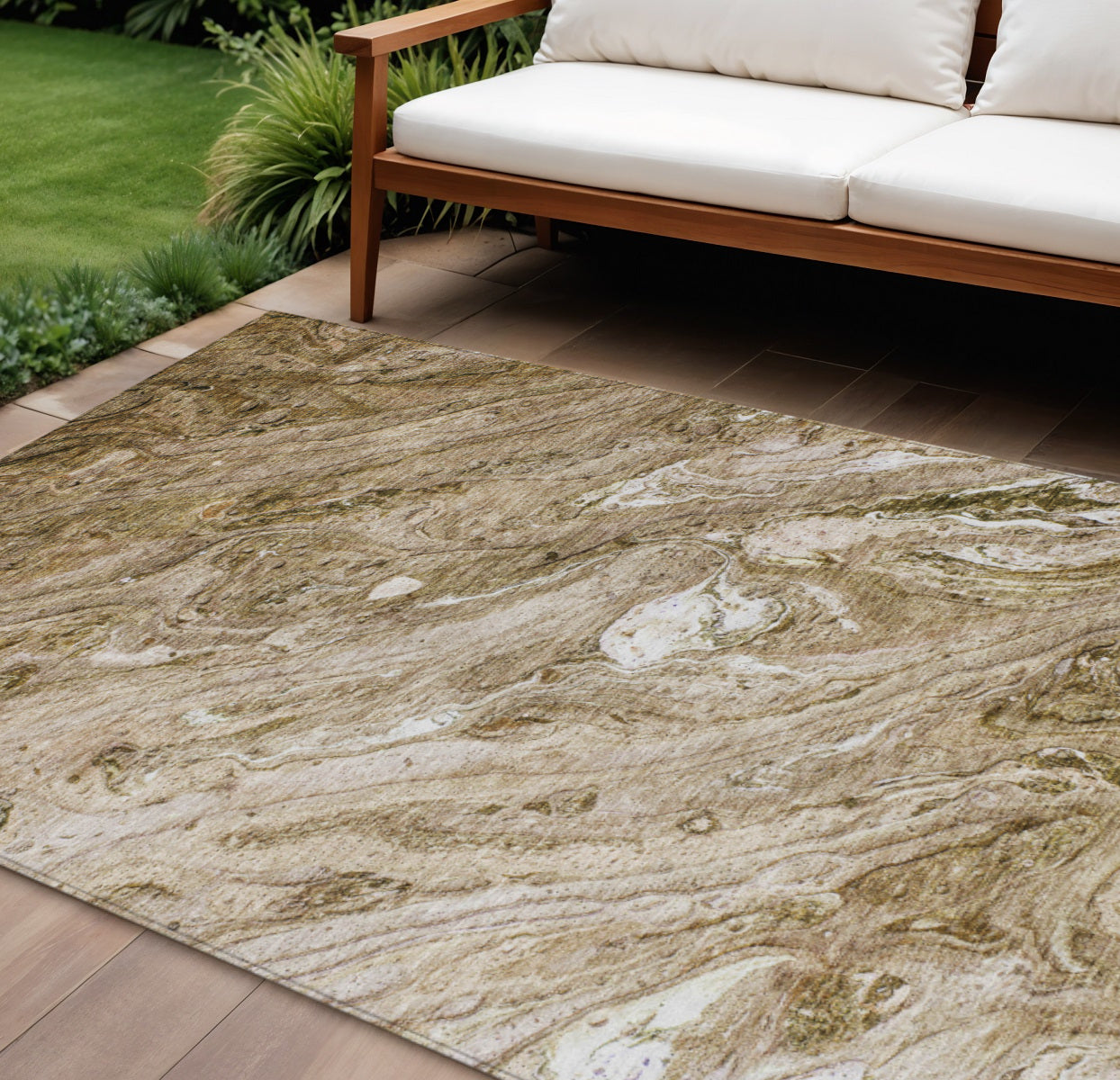 9 X 12 Brown Tan And Beige Abstract Washable Indoor Outdoor Area Rug
