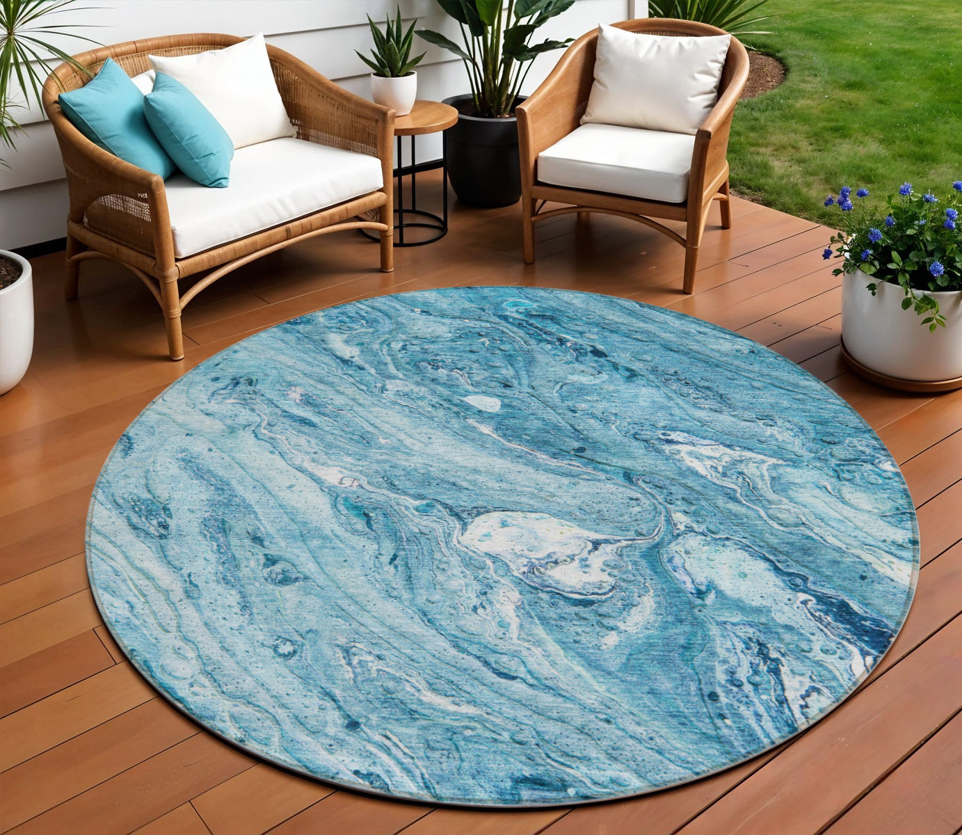 8 Sky Blue And Navy Blue Round Abstract Washable Indoor Outdoor Area Rug
