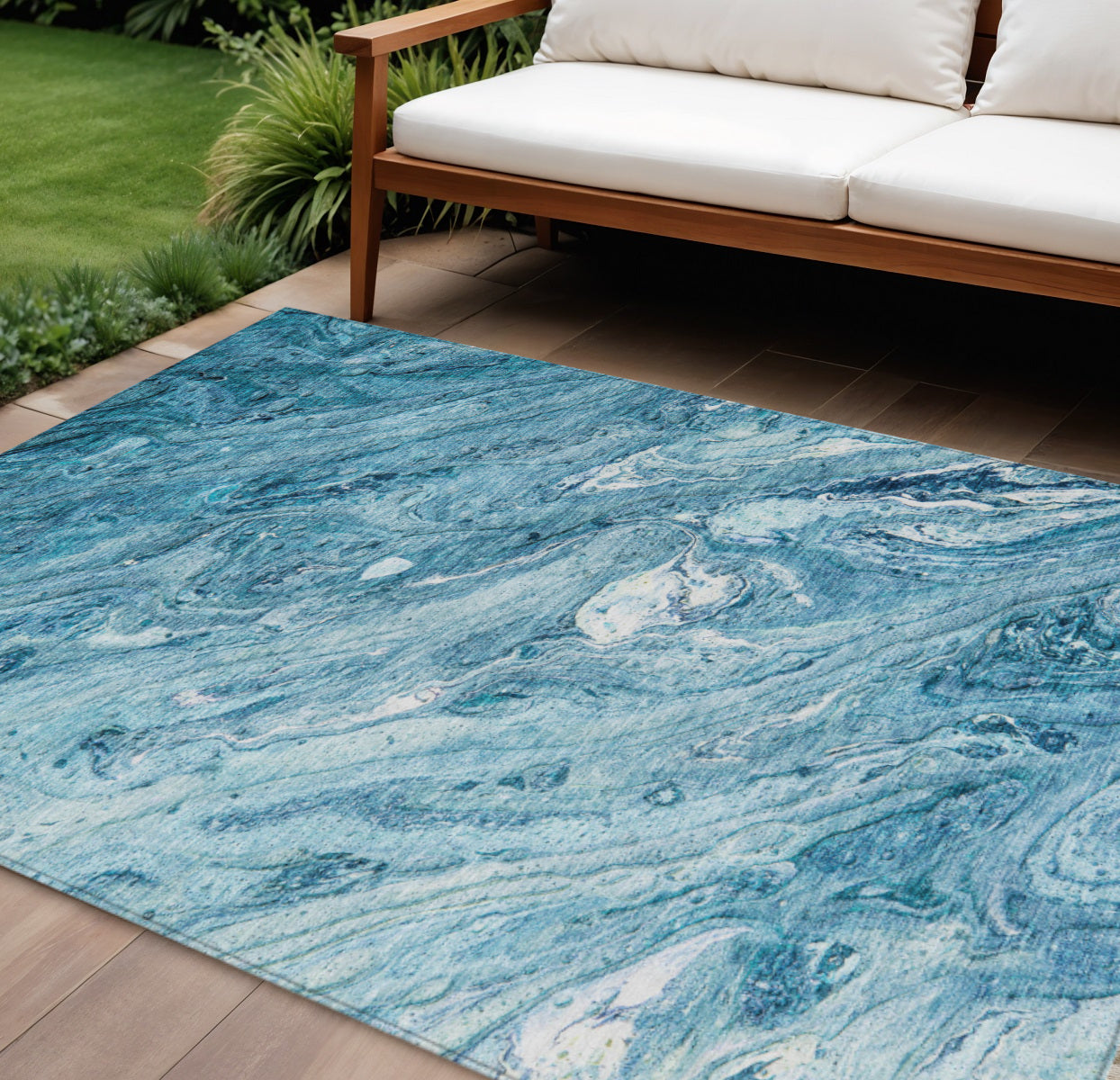 8 X 10 Sky Blue And Navy Blue Abstract Washable Indoor Outdoor Area Rug