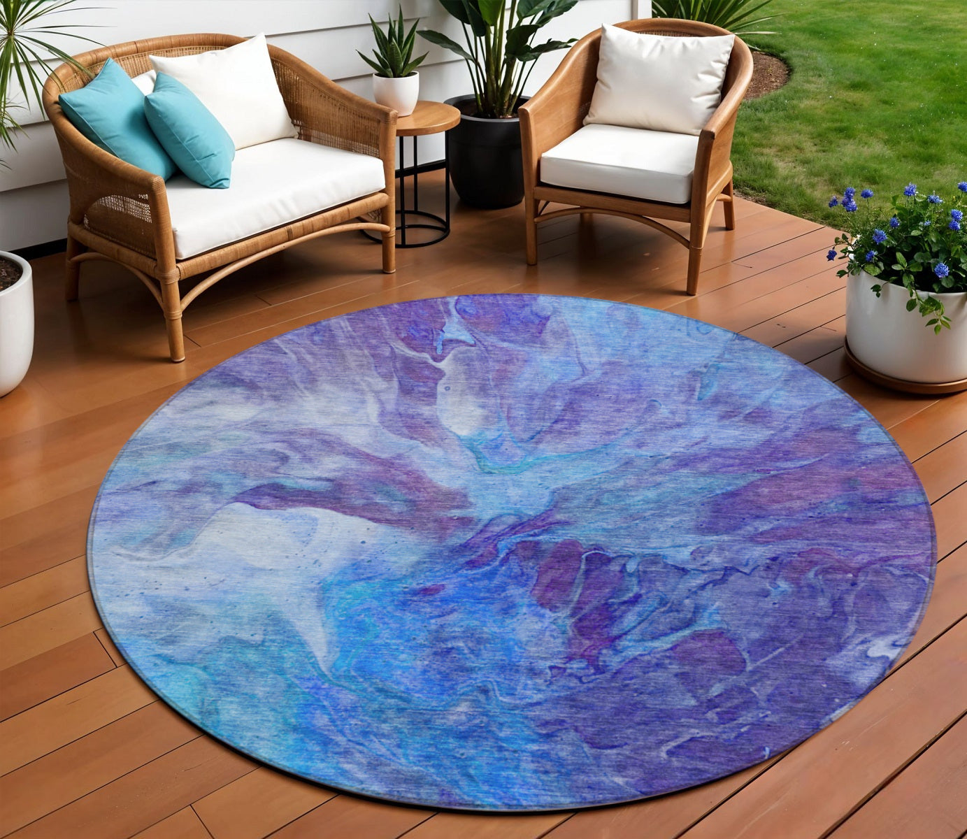 8 Purple And Navy Blue Round Abstract Washable Indoor Outdoor Area Rug