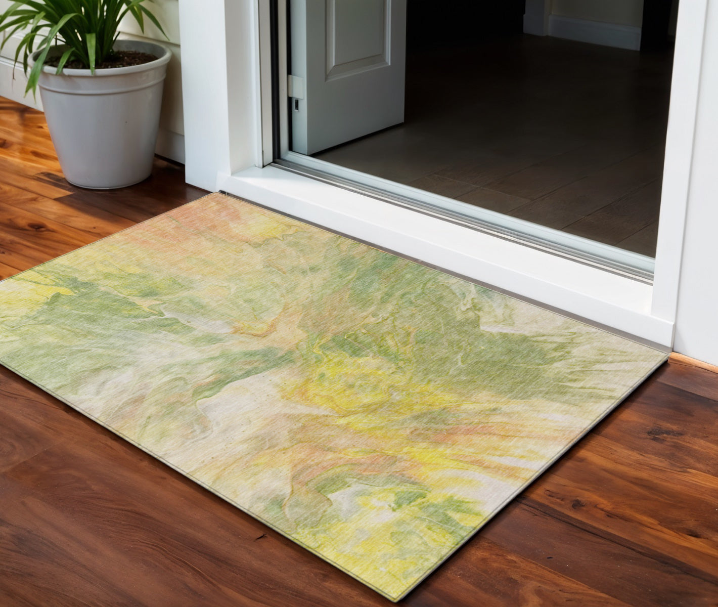 3 X 5 Green And Yellow Abstract Washable Indoor Outdoor Area Rug