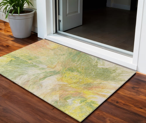 3 X 5 Green And Yellow Abstract Washable Indoor Outdoor Area Rug