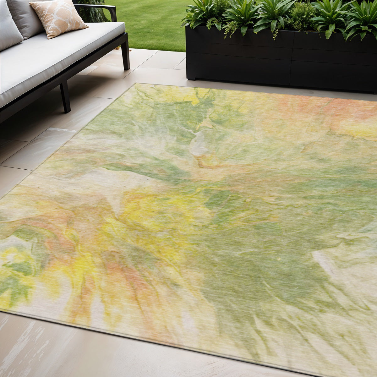 5 X 8 Green And Yellow Abstract Washable Indoor Outdoor Area Rug