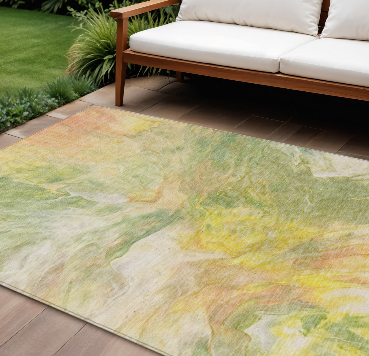 10 X 14 Green And Yellow Abstract Washable Indoor Outdoor Area Rug